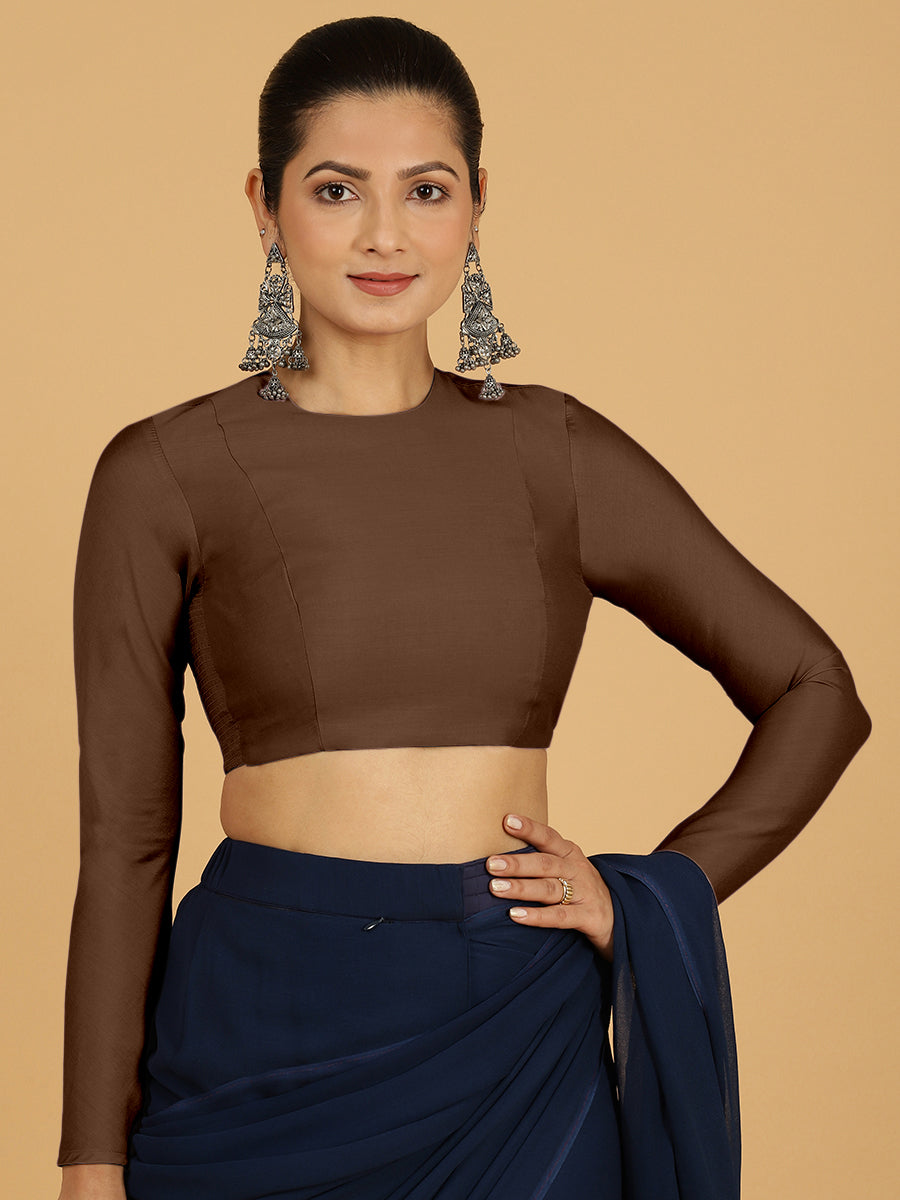 Jaya x Rozaana Saree Blouse, in Brown Viscose, featuring full sleeves and jewel neckline, made for daily & work (view 6).