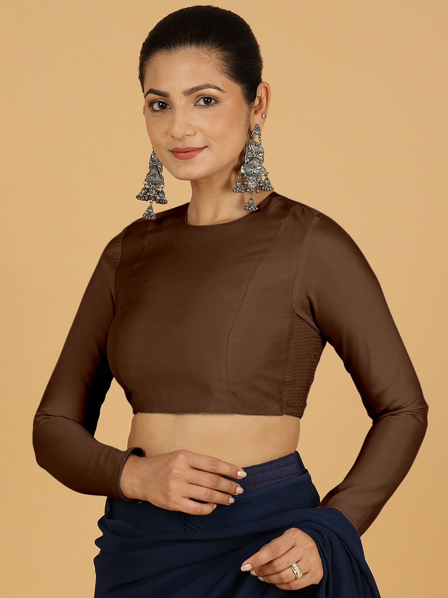 Jaya x Rozaana Saree Blouse, in Brown Viscose, featuring full sleeves and jewel neckline, made for daily & work (view 7).