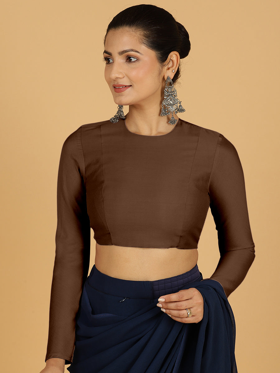 Jaya x Rozaana Saree Blouse, in Brown Viscose, featuring full sleeves and jewel neckline, made for daily & work (view 8).