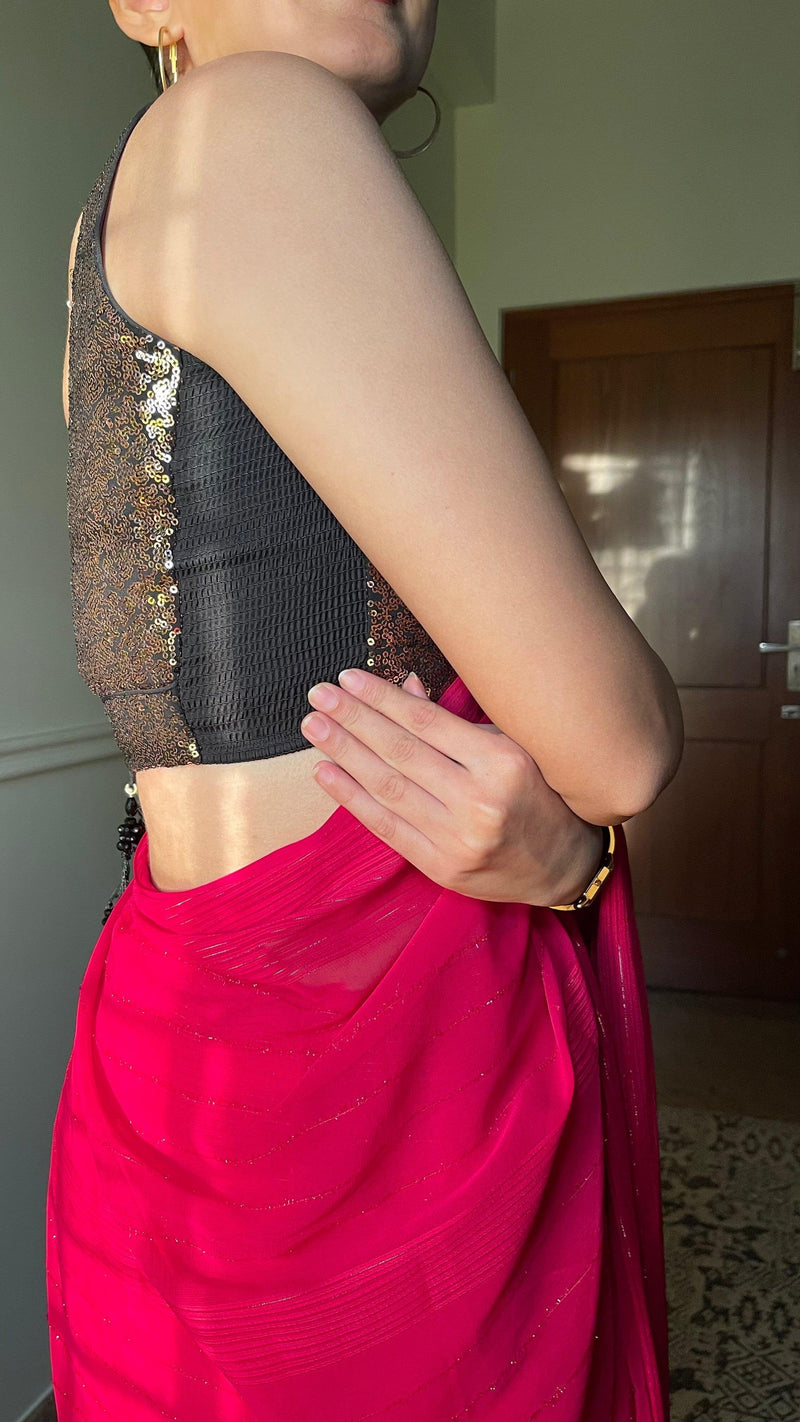 Jhanvi x Tyohaar | Sleeveless Gold Sequined Saree Blouse with Sweetheart Neck-Binks