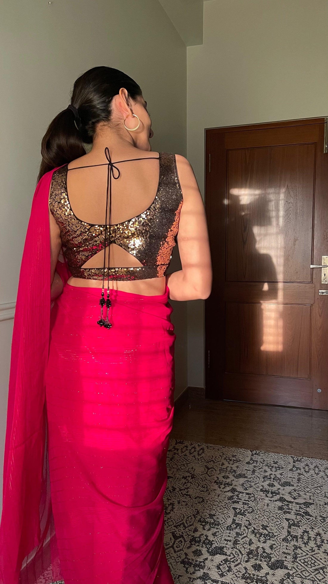 Jhanvi x Tyohaar Saree Blouse, in Gold Sequin, featuring sleeveless, made for party & festive (view 3).