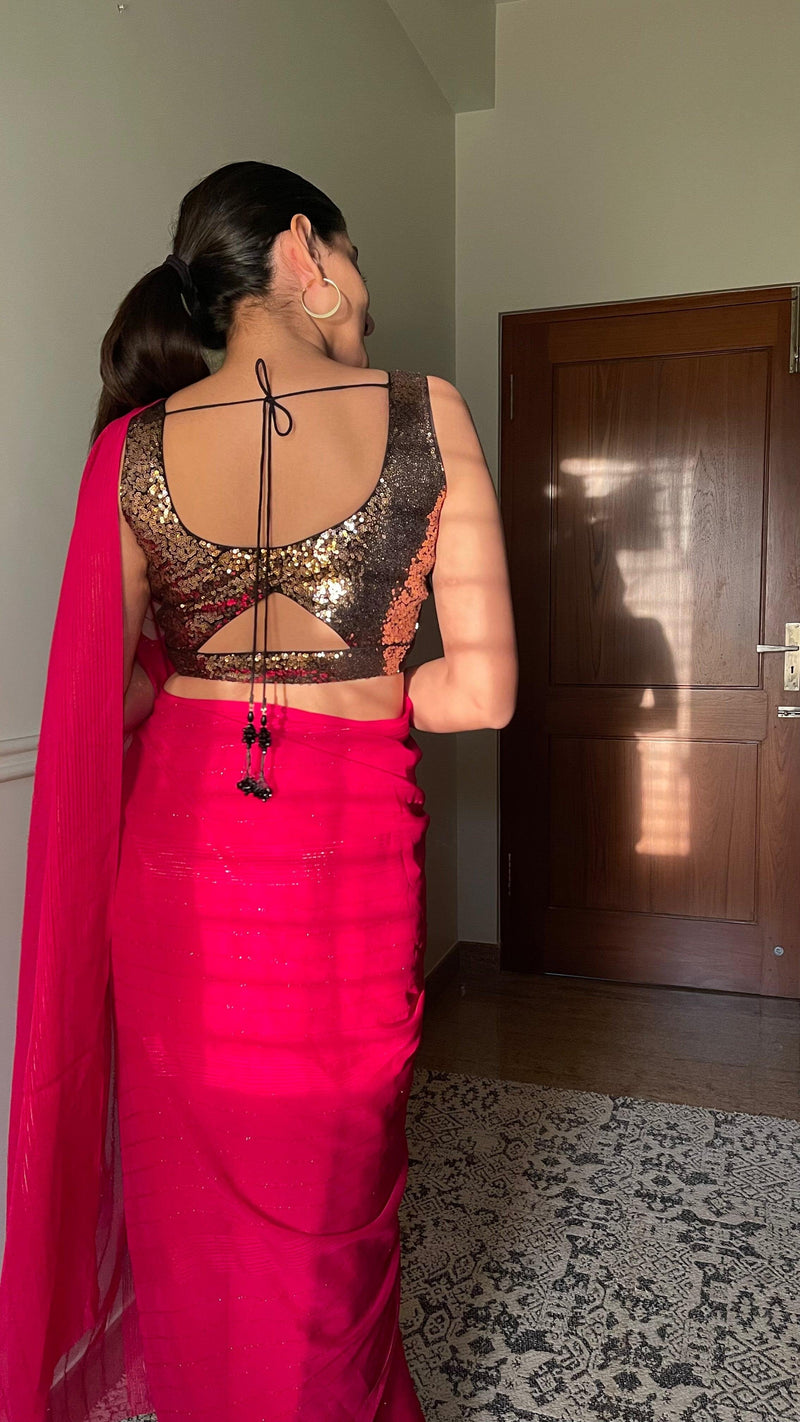 Jhanvi x Tyohaar | Sleeveless Gold Sequined Saree Blouse with Sweetheart Neck-Binks