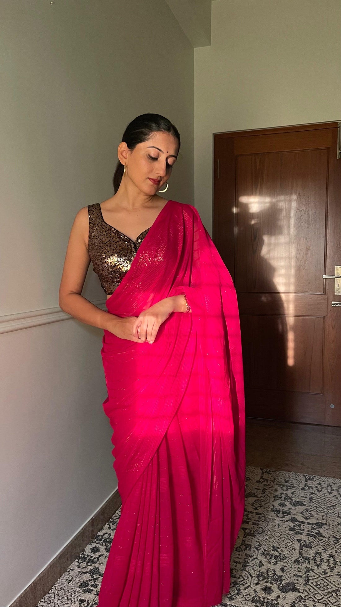 Jhanvi x Tyohaar Saree Blouse, in Gold Sequin, featuring sleeveless, made for party & festive (view 4).
