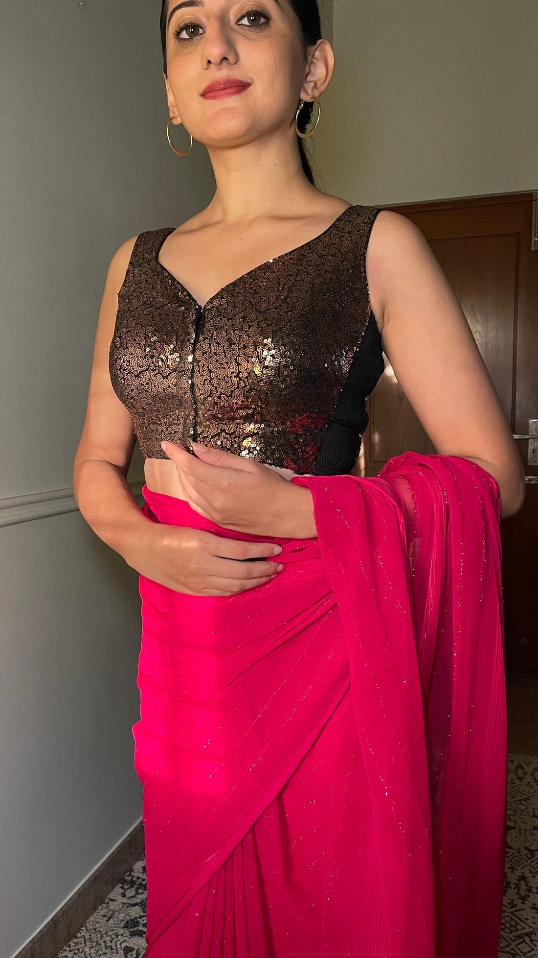 Jhanvi x Tyohaar Saree Blouse, in Gold Sequin, featuring sleeveless, made for party & festive (view 5).