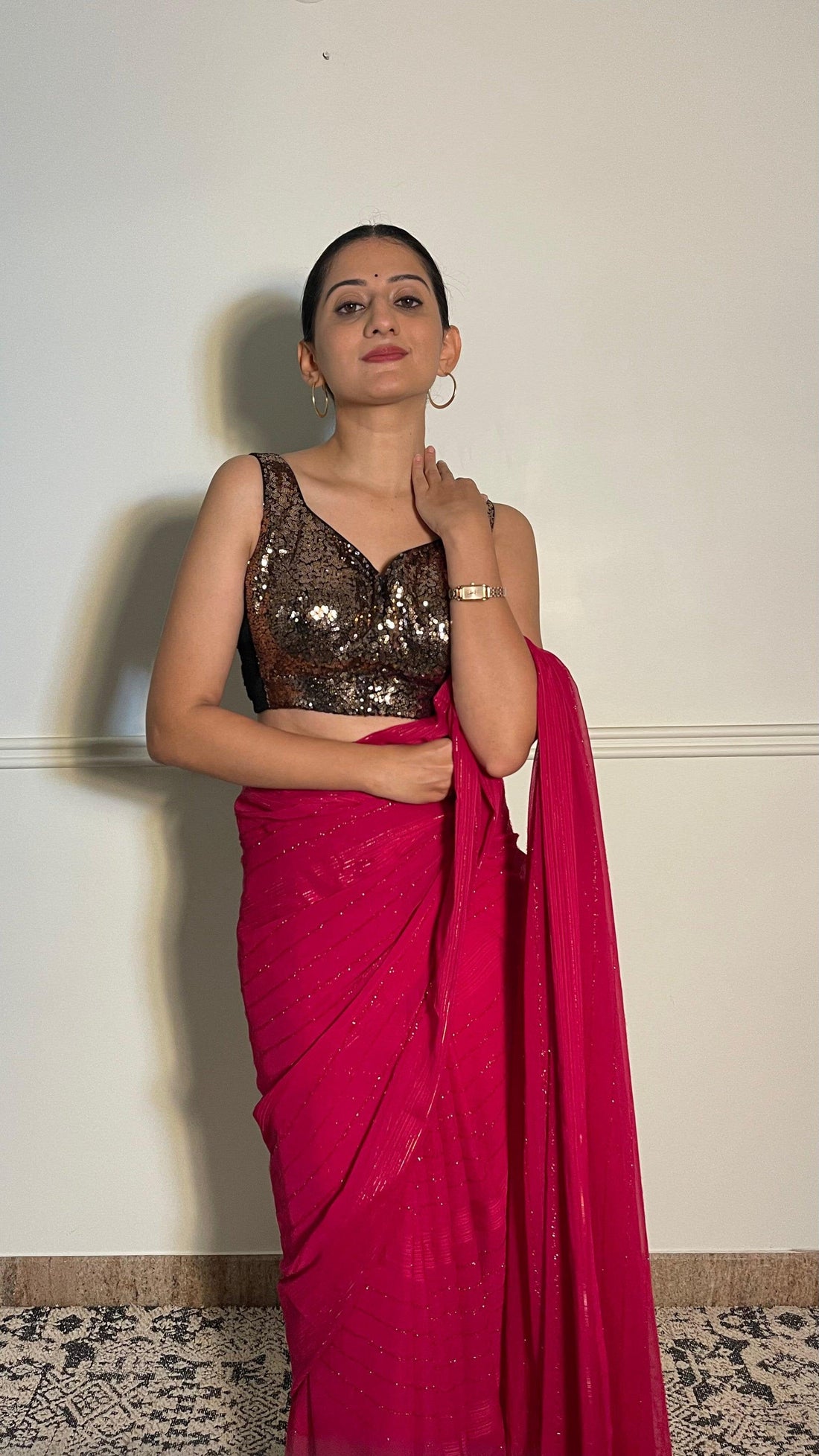 Jhanvi x Tyohaar Saree Blouse, in Gold Sequin, featuring sleeveless, made for party & festive (view 6).