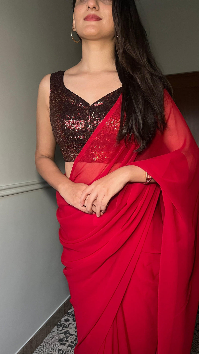 Jhanvi x Tyohaar | Sleeveless Red Sequined Saree Blouse with Sweetheart Neck-Binks