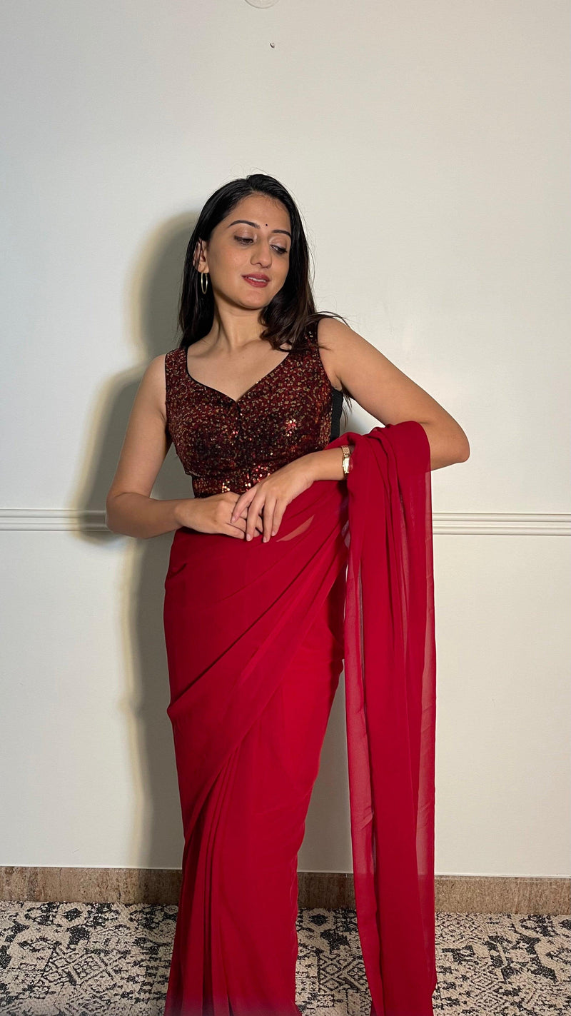 Jhanvi x Tyohaar | Sleeveless Red Sequined Saree Blouse with Sweetheart Neck-Binks