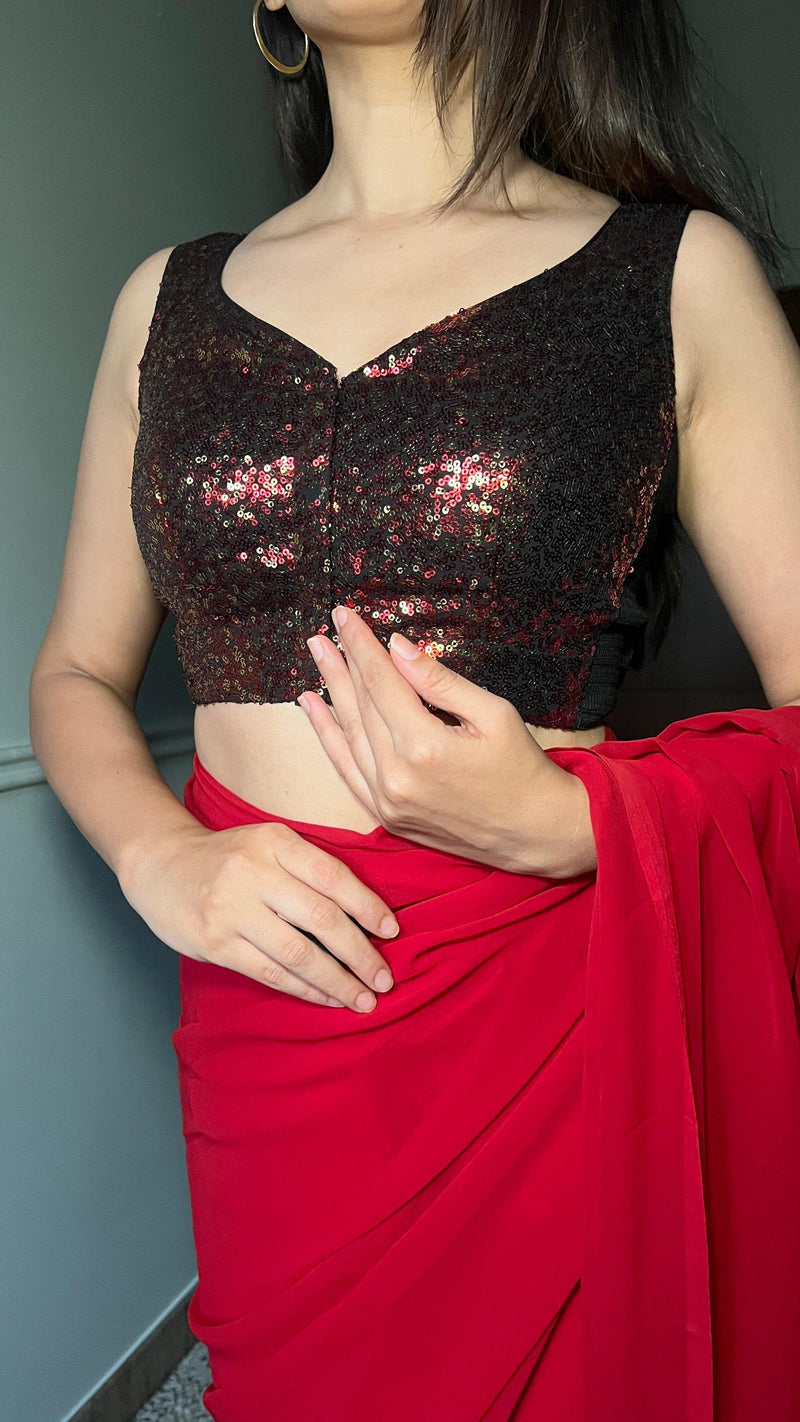 Jhanvi x Tyohaar | Sleeveless Red Sequined Saree Blouse with Sweetheart Neck-Binks
