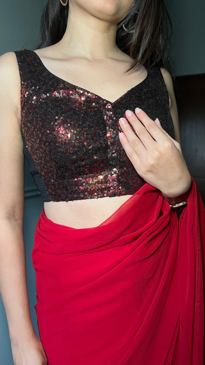 Jhanvi x Tyohaar | Sleeveless Red Sequined Saree Blouse with Sweetheart Neck-Binks