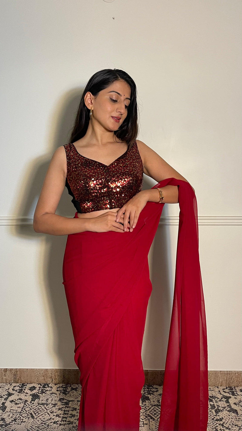 Jhanvi x Tyohaar | Sleeveless Red Sequined Saree Blouse with Sweetheart Neck-Binks