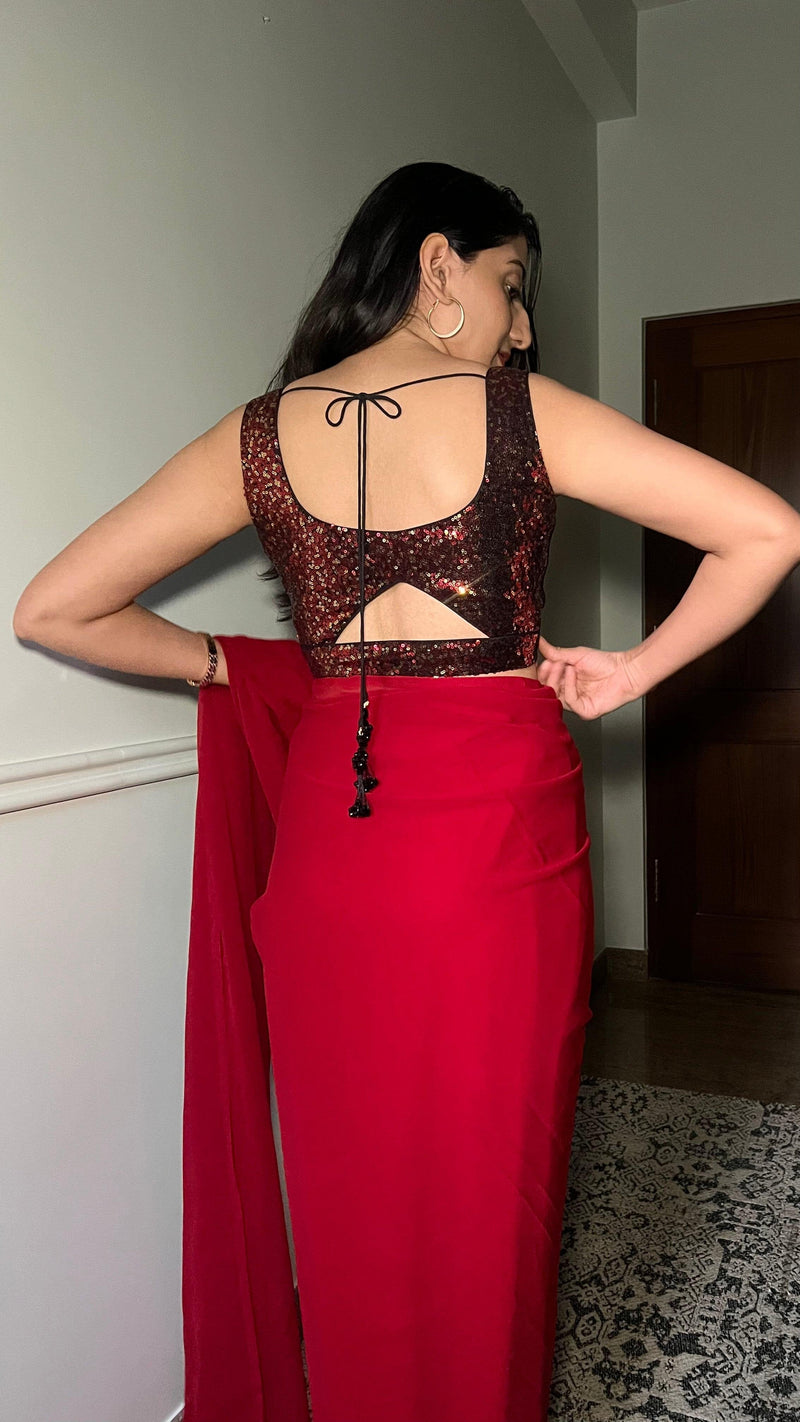 Jhanvi x Tyohaar | Sleeveless Red Sequined Saree Blouse with Sweetheart Neck-Binks