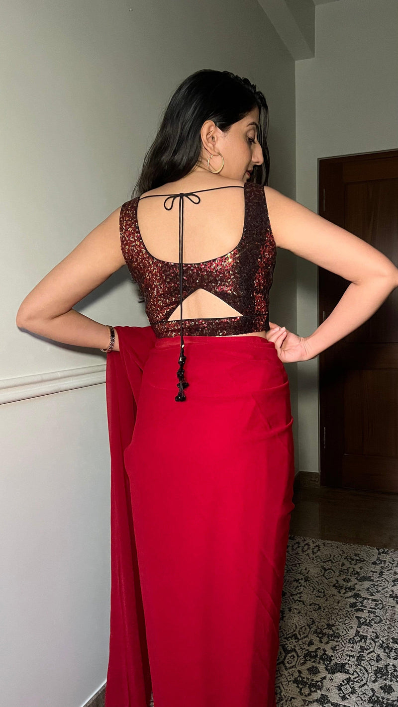 Jhanvi x Tyohaar | Sleeveless Red Sequined Saree Blouse with Sweetheart Neck-Binks