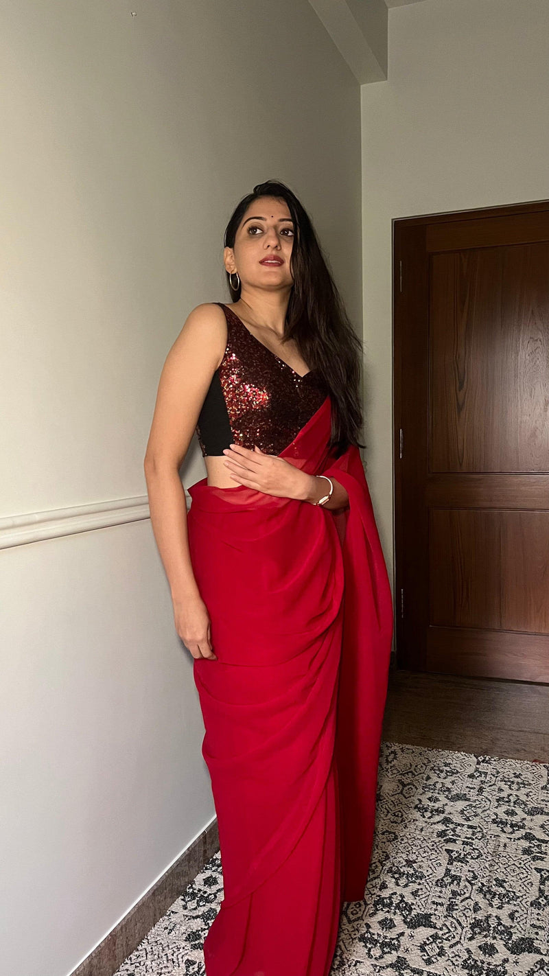 Jhanvi x Tyohaar | Sleeveless Red Sequined Saree Blouse with Sweetheart Neck-Binks