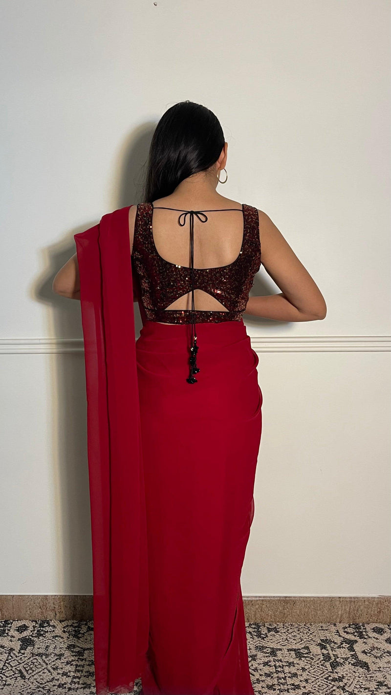 Jhanvi x Tyohaar | Sleeveless Red Sequined Saree Blouse with Sweetheart Neck-Binks