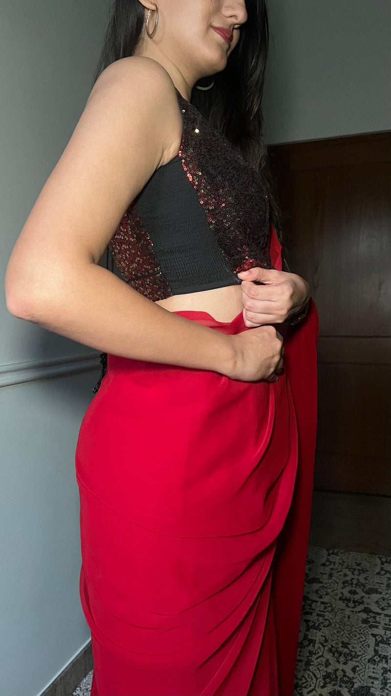 Jhanvi x Tyohaar | Sleeveless Red Sequined Saree Blouse with Sweetheart Neck-Binks
