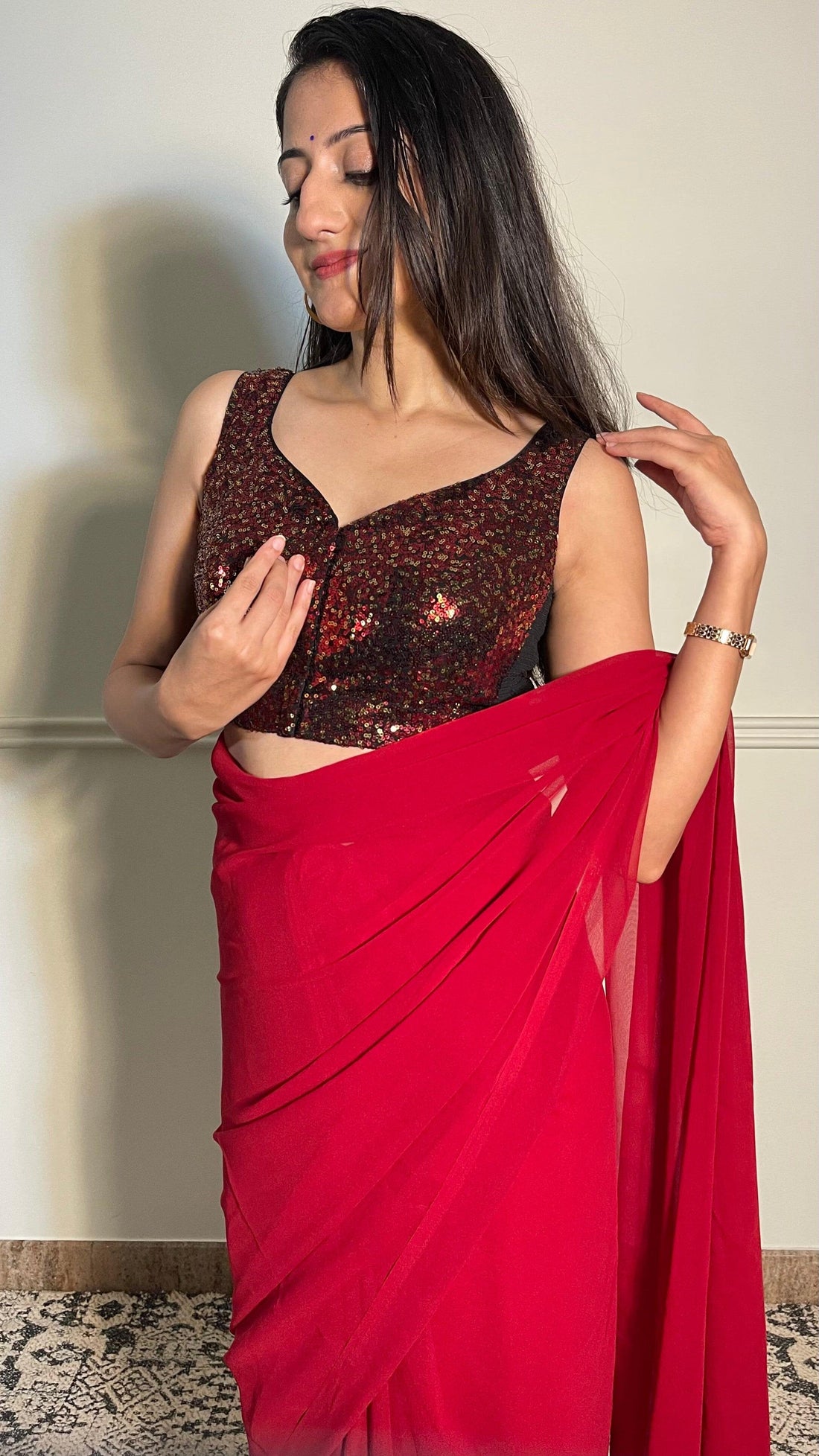 Jhanvi x Tyohaar Saree Blouse, in Red Sequin, featuring sleeveless, made for party & festive (view 5).