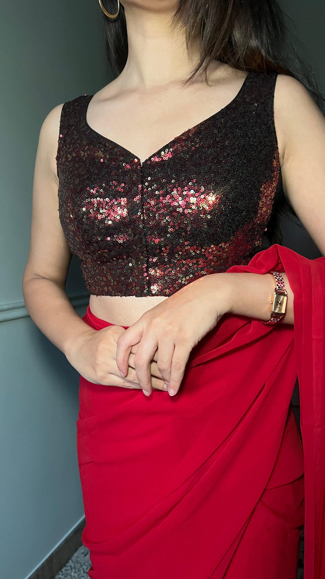 Jhanvi x Tyohaar Saree Blouse, in Red Sequin, featuring sleeveless, made for party & festive (view 7).