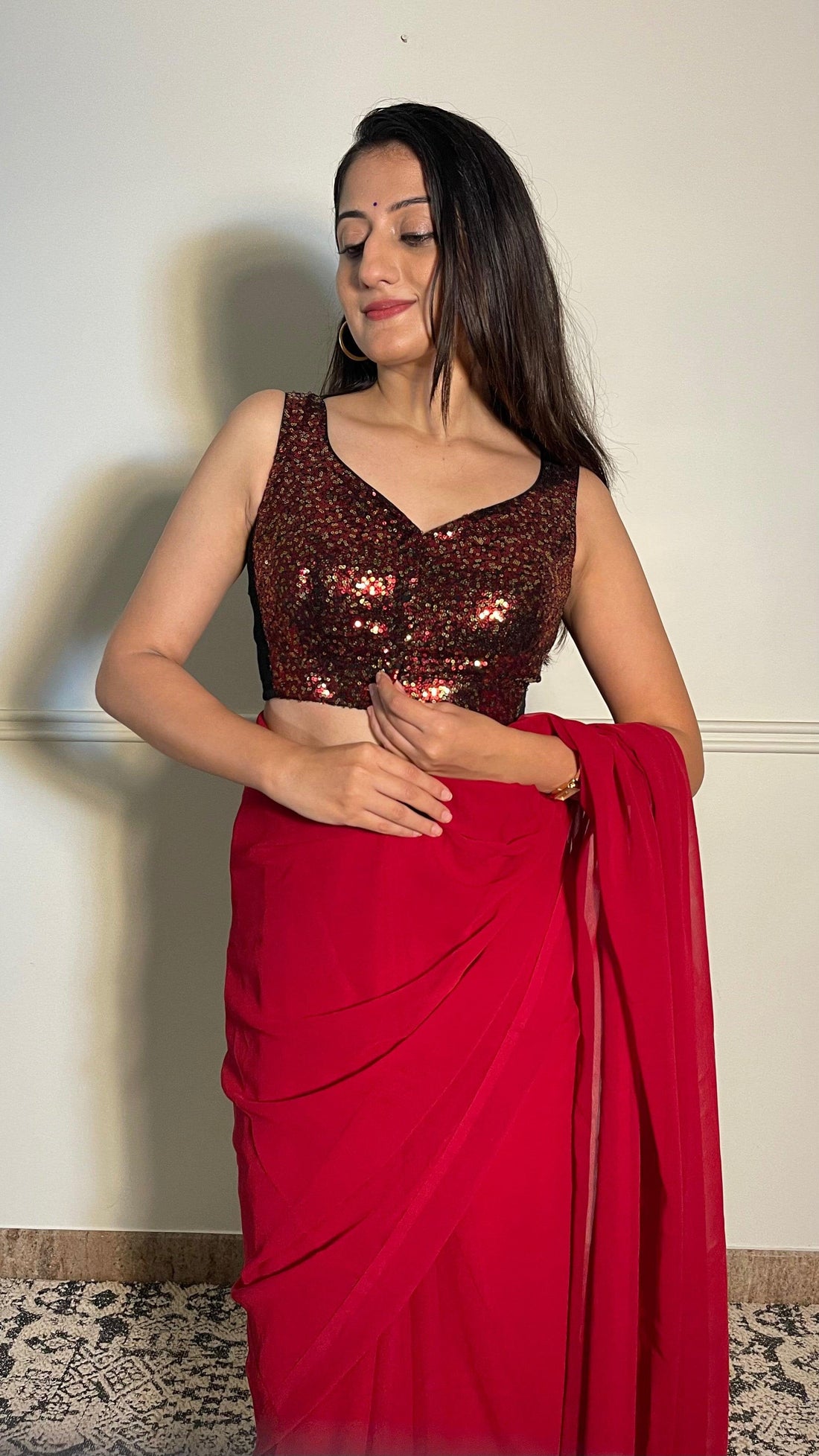 Jhanvi x Tyohaar Saree Blouse, in Red Sequin, featuring sleeveless, made for party & festive (view 8).