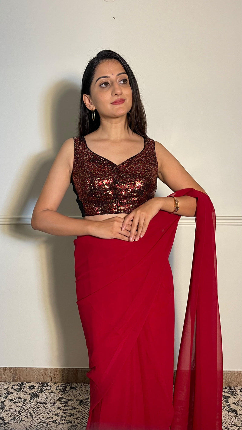 Jhanvi x Tyohaar | Sleeveless Red Sequined Saree Blouse with Sweetheart Neck-Binks