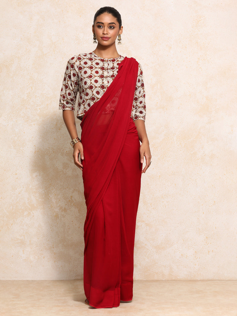 Jigisha x Rozaana | Elbow Sleeves Saree Blouse in Red Dahlia Block Print Cotton-Binks