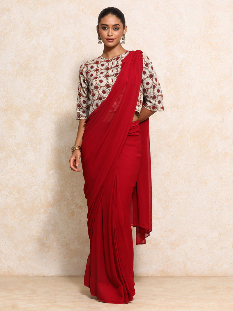 Jigisha x Rozaana | Elbow Sleeves Saree Blouse in Red Dahlia Block Print Cotton-Binks