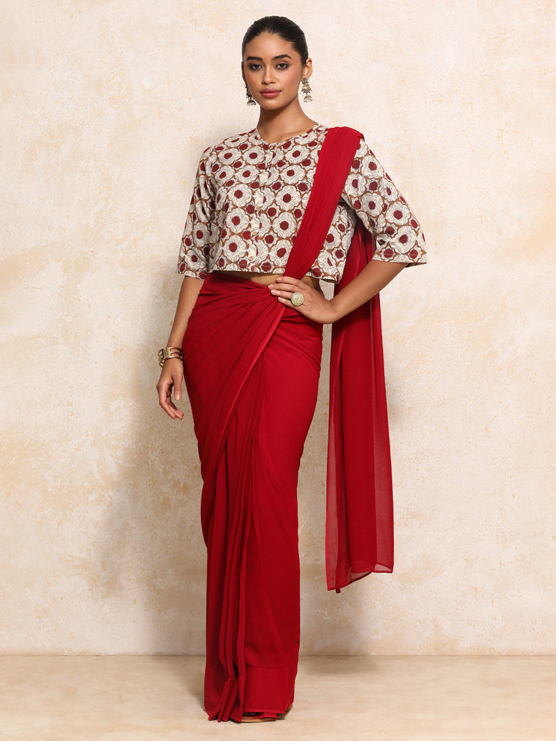 Jigisha x Rozaana | Elbow Sleeves Saree Blouse in Red Dahlia Block Print Cotton-Binks