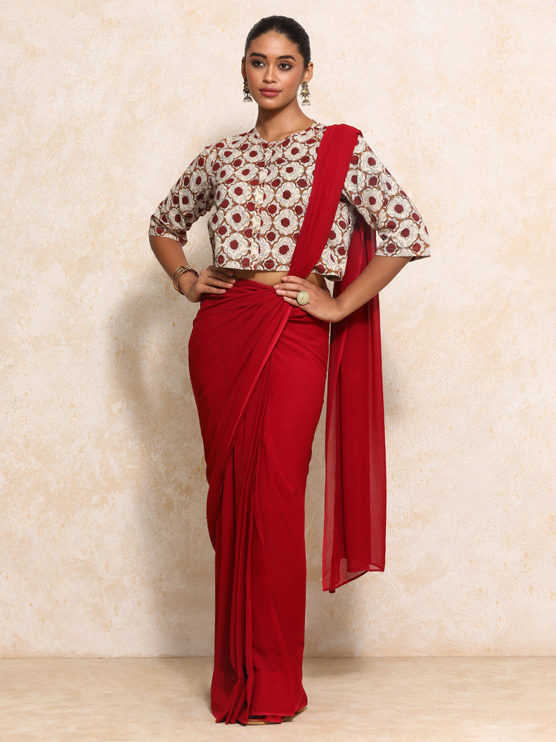 Jigisha x Rozaana | Elbow Sleeves Saree Blouse in Red Dahlia Block Print Cotton-Binks