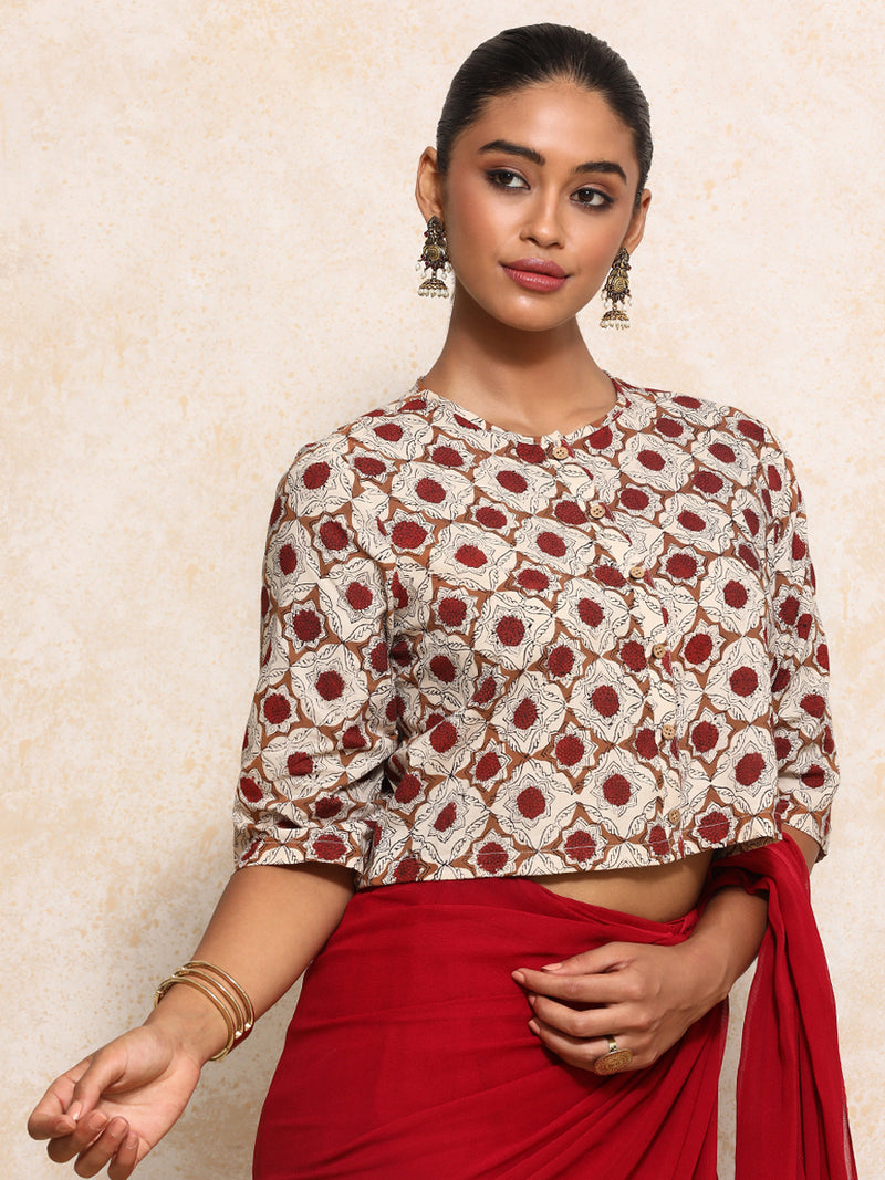 Jigisha x Rozaana | Elbow Sleeves Saree Blouse in Red Dahlia Block Print Cotton-Binks
