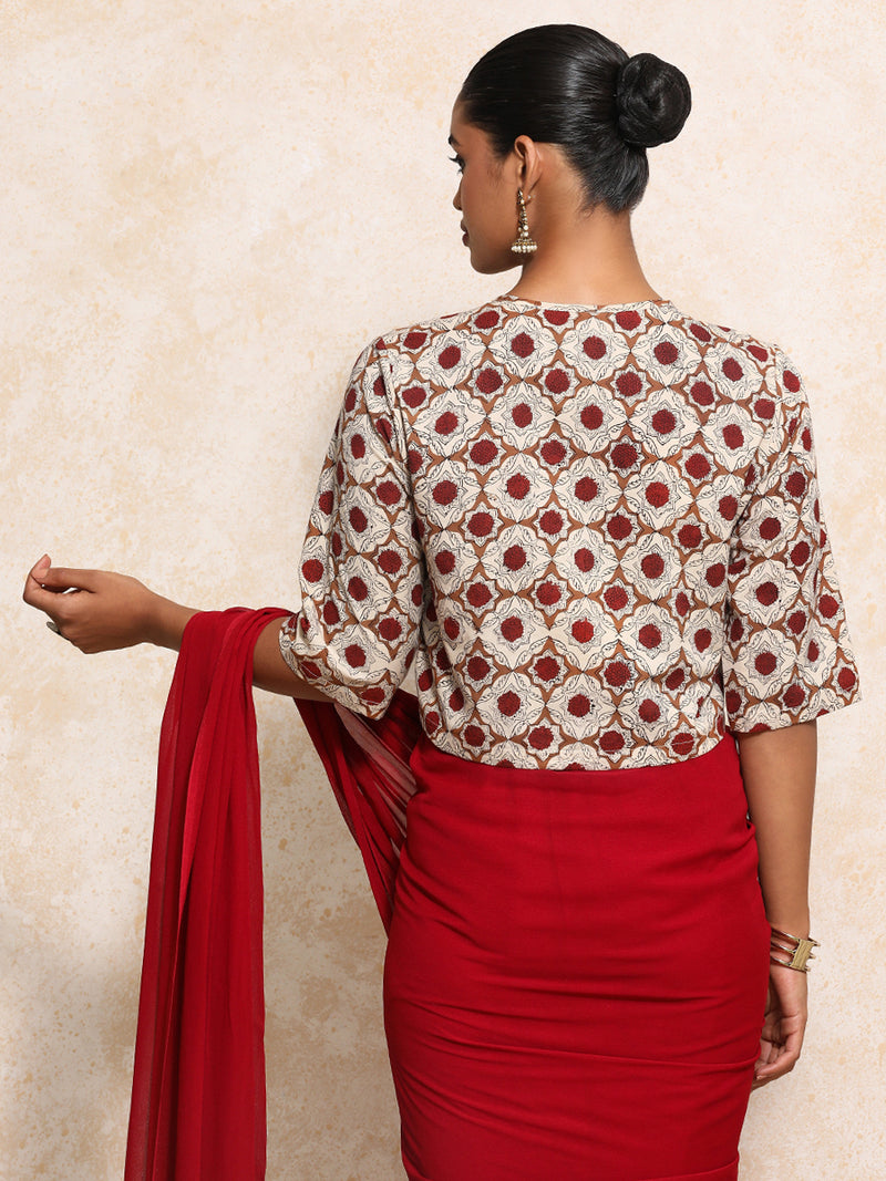 Jigisha x Rozaana | Elbow Sleeves Saree Blouse in Red Dahlia Block Print Cotton-Binks