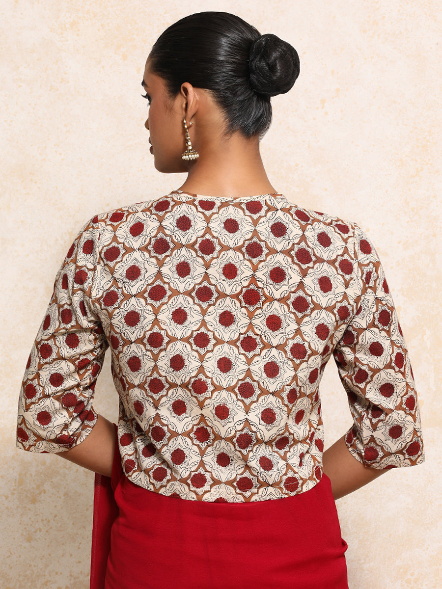 Jigisha x Rozaana Saree Blouse, in Cream 100% Cotton - Block Printed, featuring elbow sleeves and jewel neckline (view 2).