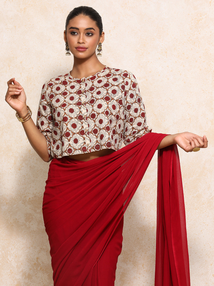 Jigisha x Rozaana Saree Blouse, in Cream 100% Cotton - Block Printed, featuring elbow sleeves and jewel neckline (view 5).