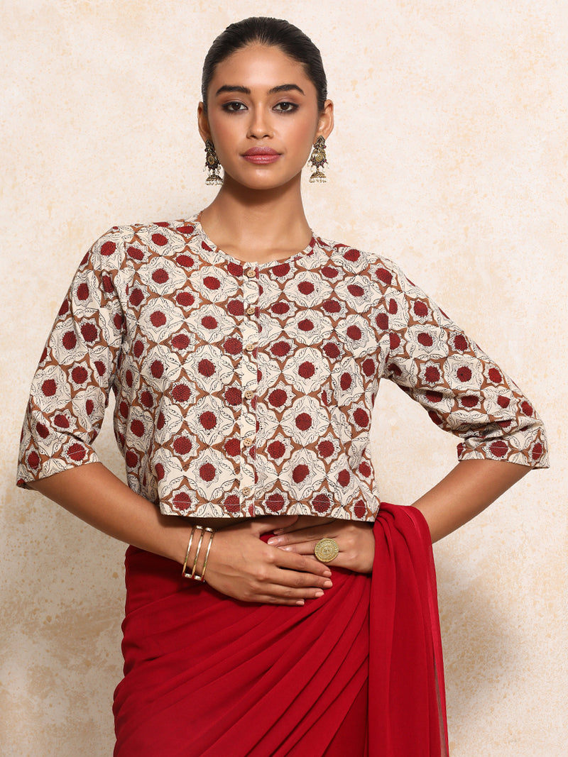 Jigisha x Rozaana | Elbow Sleeves Saree Blouse in Red Dahlia Block Print Cotton-Binks