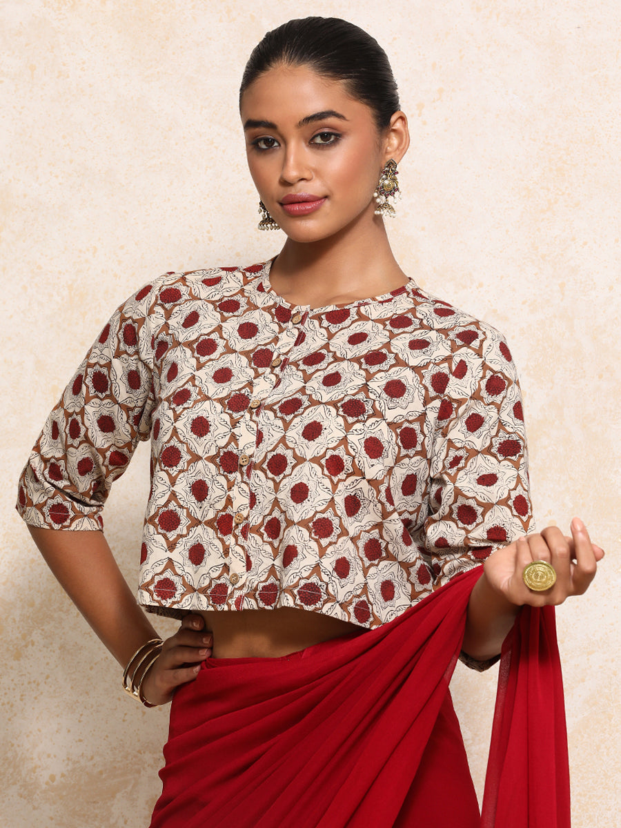 Jigisha x Rozaana Saree Blouse, in Cream 100% Cotton - Block Printed, featuring elbow sleeves and jewel neckline (view 8).