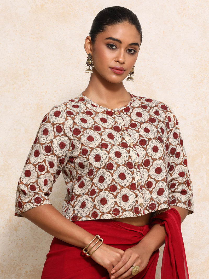 Jigisha x Rozaana | Elbow Sleeves Saree Blouse in Red Dahlia Block Print Cotton-Binks