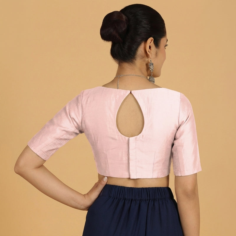 Jigyasa x Tyohaar Saree Blouse, in Pink Chandheri, featuring elbow sleeves and boat neckline, made for party & festive (view 2).