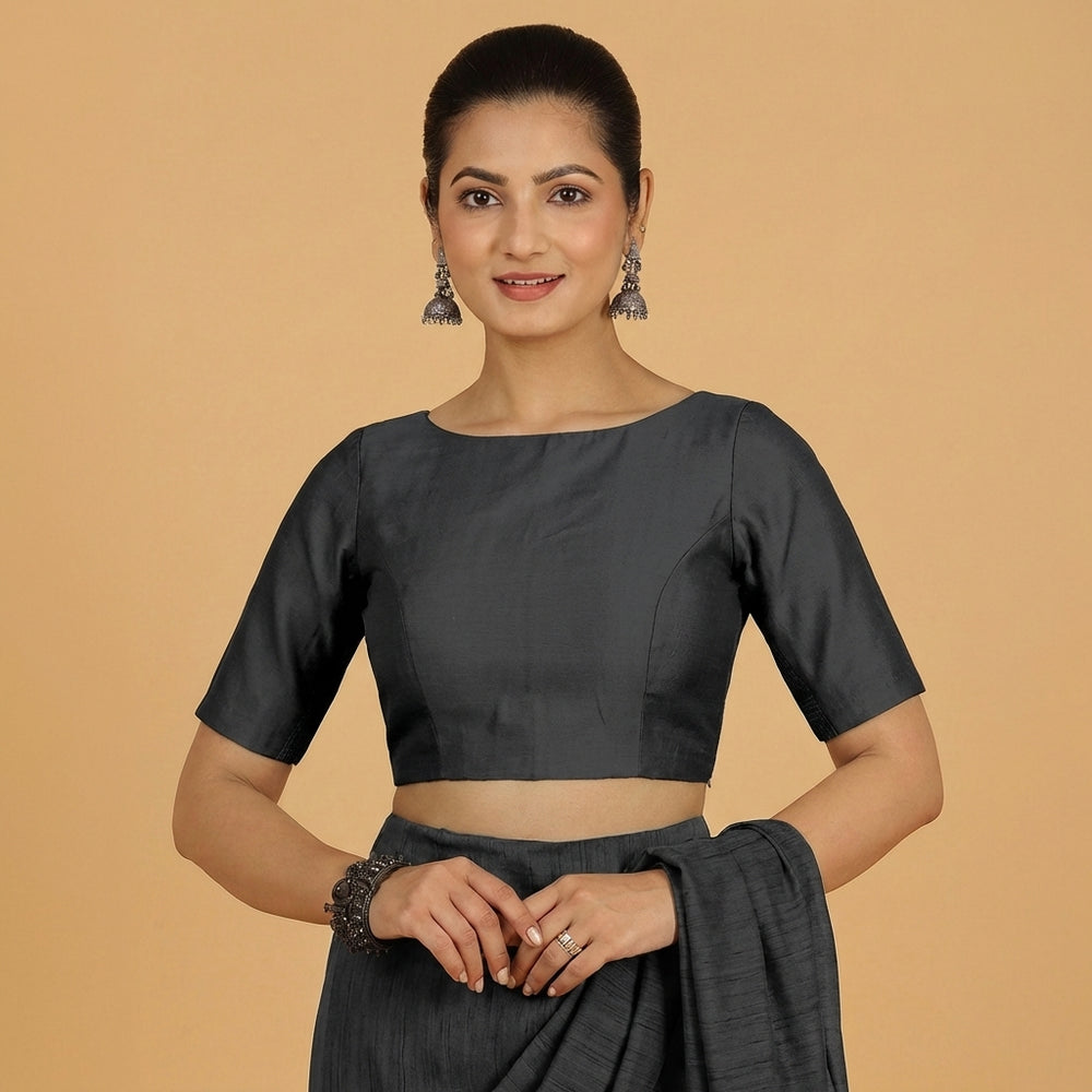 Jigyasa x Tyohaar | Elbow Sleeves Black Chanderi Saree Blouse