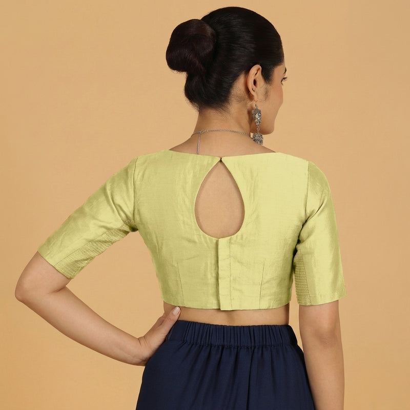Jigyasa x Tyohaar | Elbow Sleeves Pista Green Chanderi Saree Blouse-Binks
