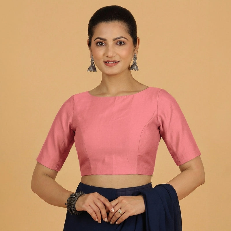 Jigyasa x Tyohaar | Elbow Sleeves Rose Pink Chanderi Saree Blouse-Binks