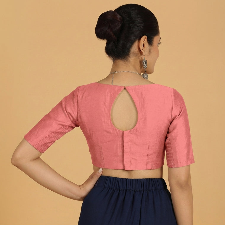 Jigyasa x Tyohaar Saree Blouse, in Pink Chandheri, featuring elbow sleeves and boat neckline, made for party & festive (view 2).