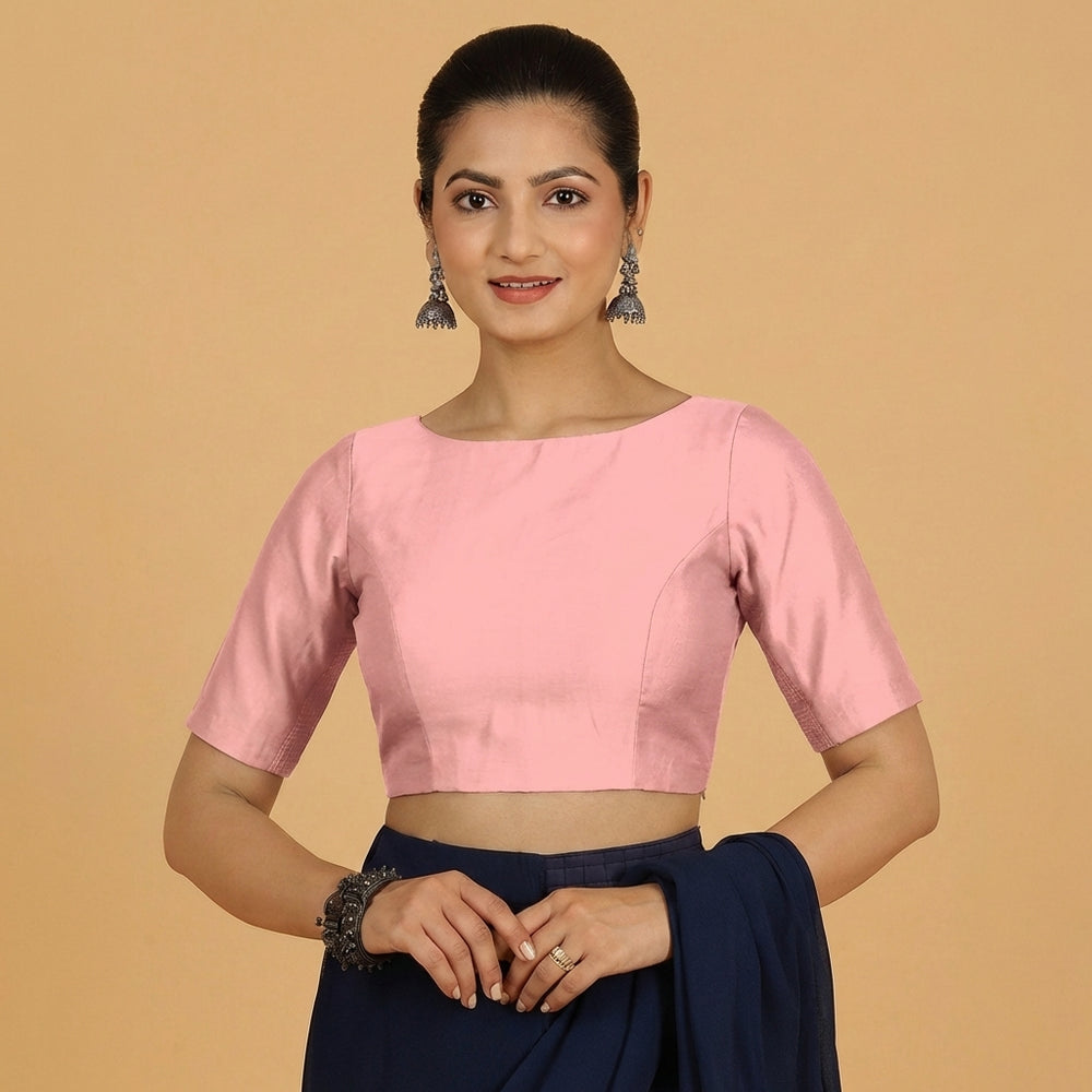 Jigyasa x Tyohaar | Elbow Sleeves Sea Pink Chanderi Saree Blouse