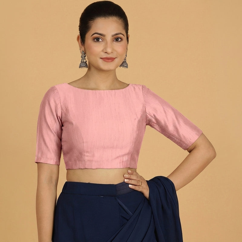 Jigyasa x Tyohaar | Elbow Sleeves Sea Pink Chanderi Saree Blouse-Binks