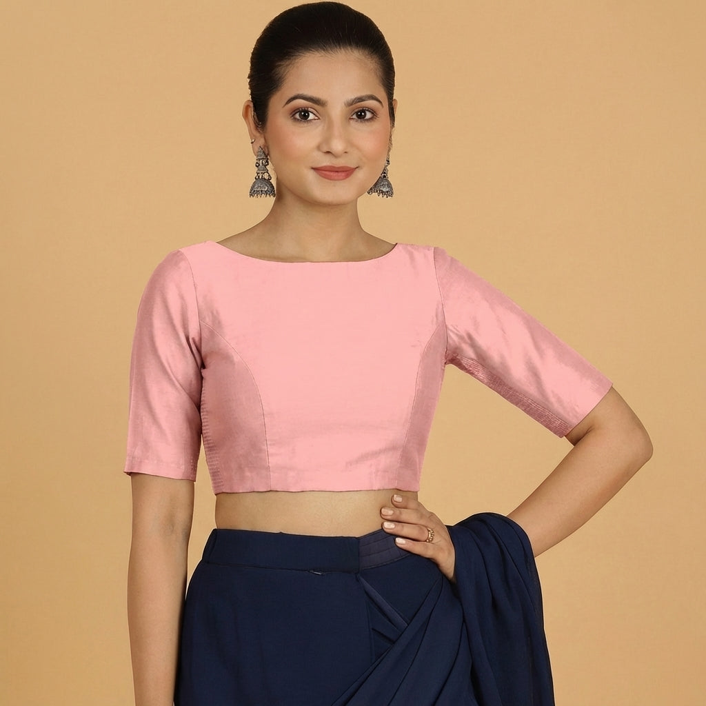 Jigyasa x Tyohaar Saree Blouse, in Pink Chandheri, featuring elbow sleeves and boat neckline, made for party & festive (view 4).