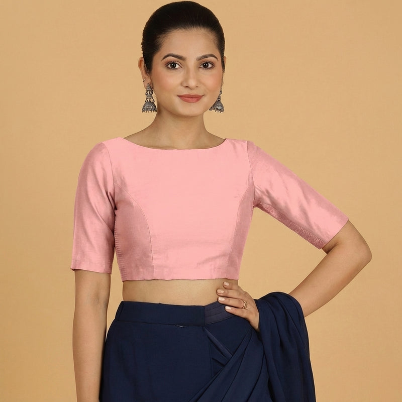 Jigyasa x Tyohaar | Elbow Sleeves Sea Pink Chanderi Saree Blouse-Binks
