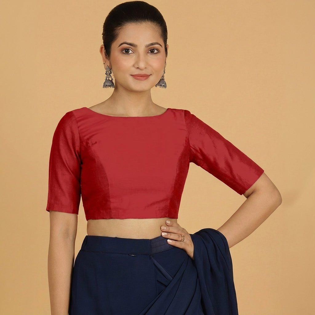Jigyasa x Tyohaar Saree Blouse, in Red Chandheri, featuring elbow sleeves and boat neckline, made for party & festive.