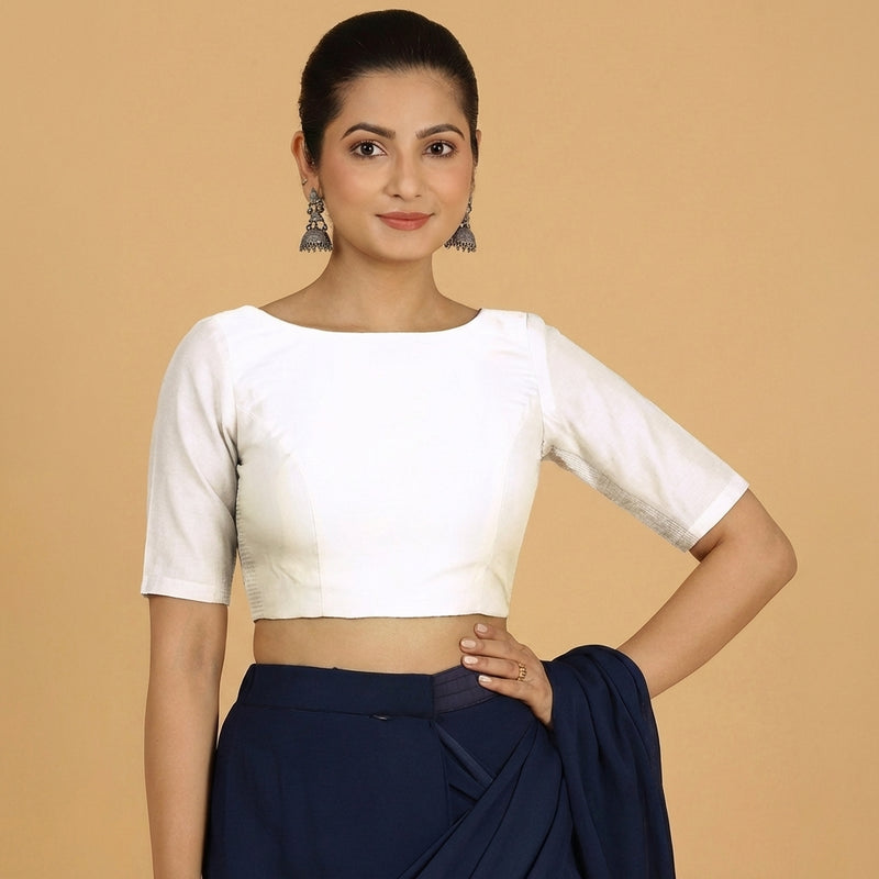 Jigyasa x Tyohaar | Elbow Sleeves White Chanderi Saree Blouse-Binks