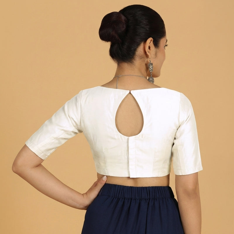 Jigyasa x Tyohaar | Elbow Sleeves White Chanderi Saree Blouse-Binks