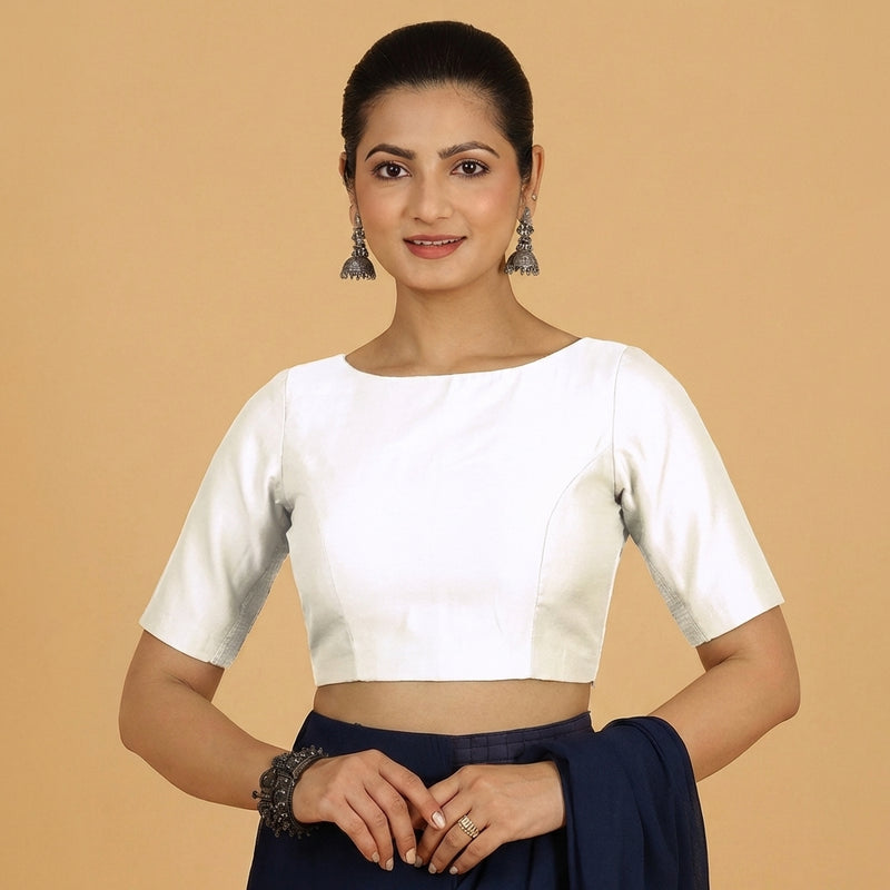 Jigyasa x Tyohaar | Elbow Sleeves White Chanderi Saree Blouse-Binks