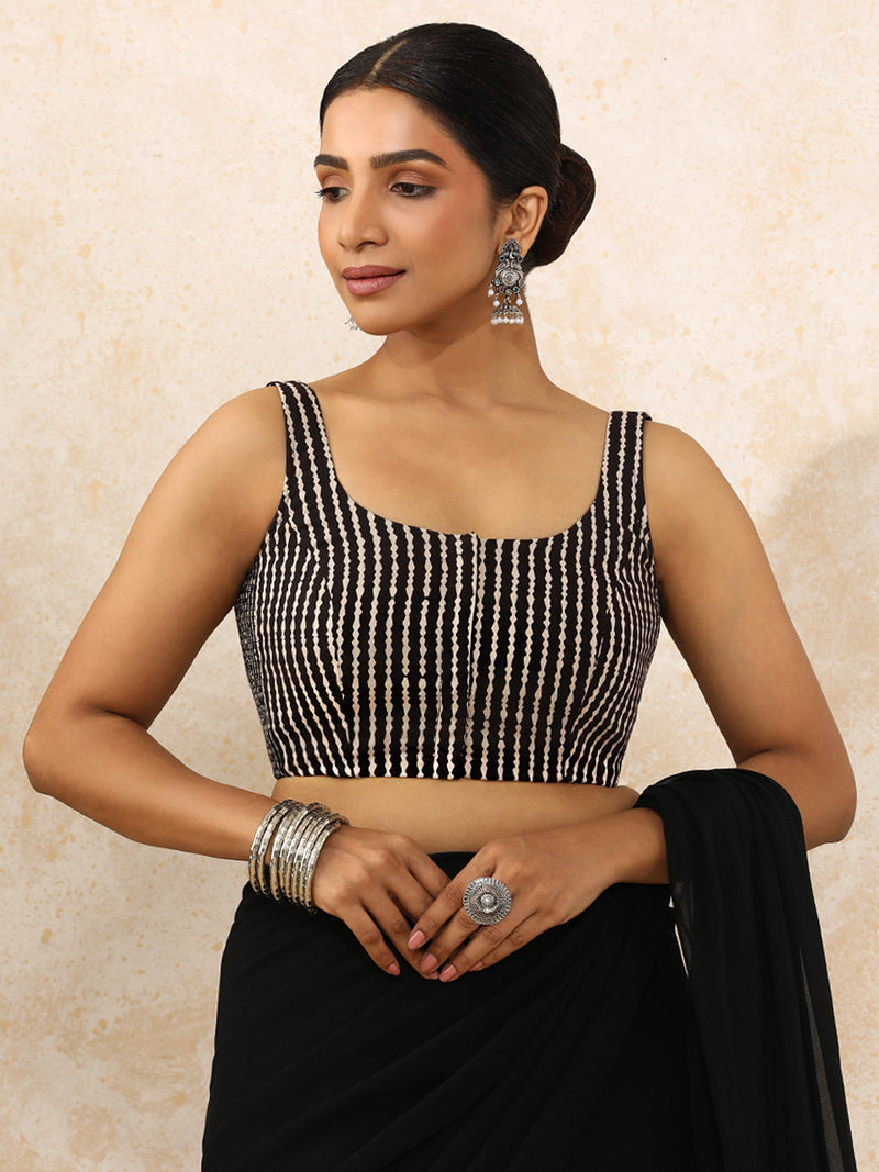 Jiva x Rozaana | Sleeveless Saree Blouse in Earthy Black Stripes Block Print Cotton-Binks