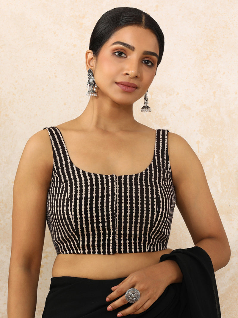 Jiva x Rozaana | Sleeveless Saree Blouse in Earthy Black Stripes Block Print Cotton-Binks