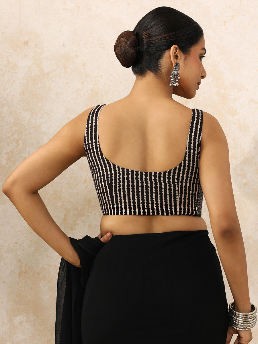Jiva x Rozaana Saree Blouse, in Black 100% Cotton - Block Printed, featuring sleeveless and round neckline (view 2).